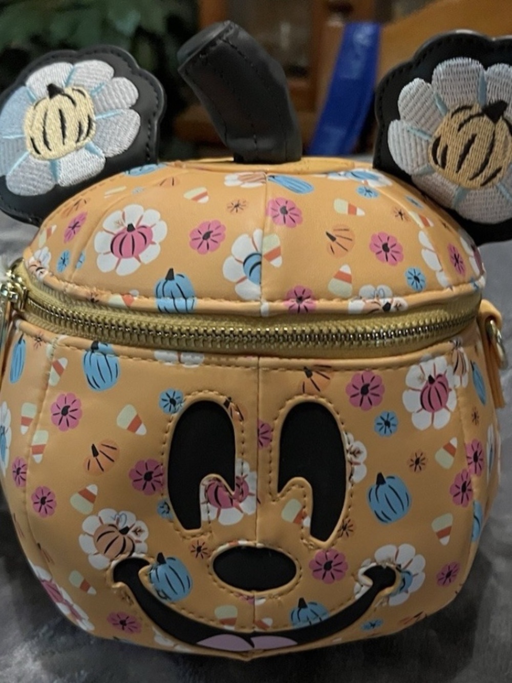 Disney Loungefly Mickey Mouse Floral Pumpkin Head Glow Figural Crossbody Bag